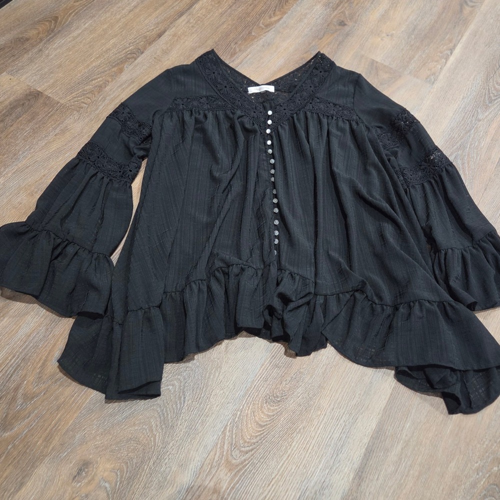 Simply Couture Black Boho Crochet Lace V-Neck Ruffle Bell Sleeve Blouse Top
